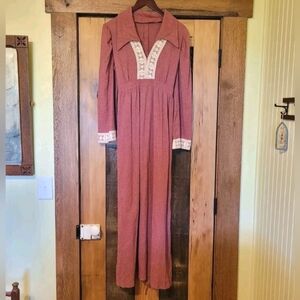 Vintage 70s Handmade Cotton Mauve Pink Cream Lace Prairie Maxi Dress Bell Sleeve